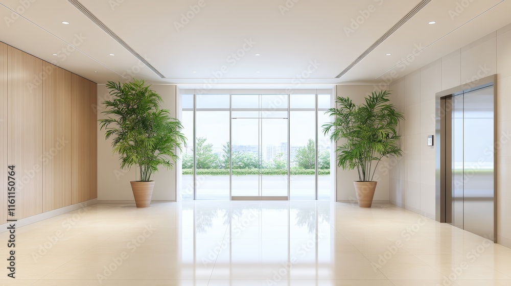 Modern Office Lobby with Glass Doors and Plants. Modern Office Lobby with Glass Doors and Plants.