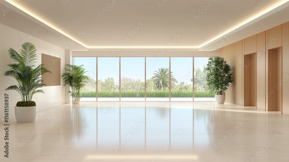 Fototapeta premium Modern Spacious Lobby with Large Windows and Lush Greenery.