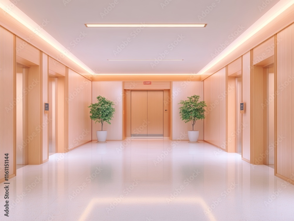 Fototapeta premium Modern Office Building Lobby with Elevators and Plants