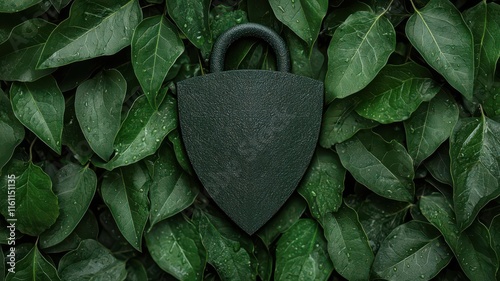 padlock privacy and sustainable. Padlock and shield design integrated with sustainable elements like leaves and water drops, Eco-themed privacy shield, Protective and green photo