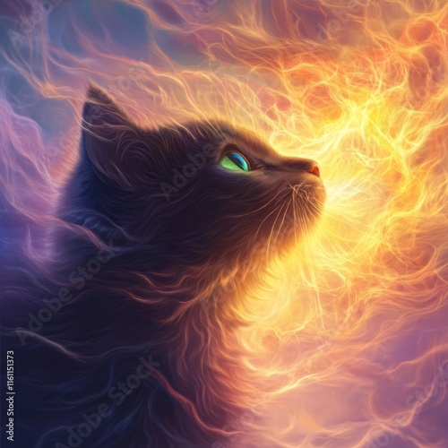 Mystical Cat in Fiery Aura. photo