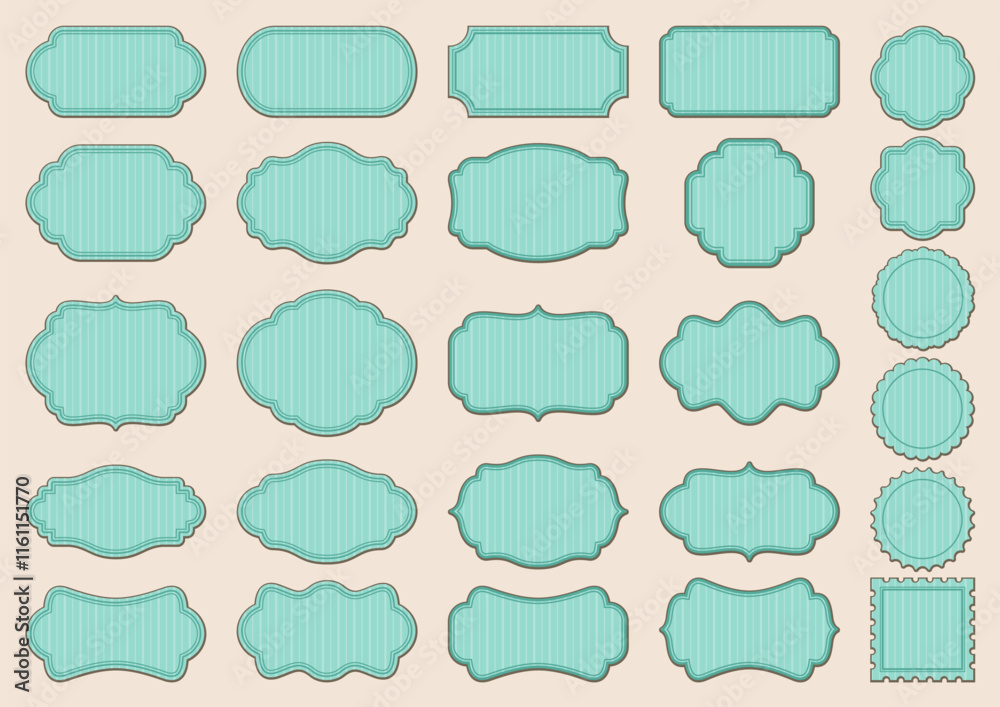 Label frames with ornamental edges and turquoise striped texture. Vintage large collection of different stickers, isolated on a pale beige background. Vector big set for greeting card and invitation Label frames with ornamental edges and turquoise striped texture. Vintage large collection of different stickers, isolated on a pale beige background. Vector big set for greeting card and invitation