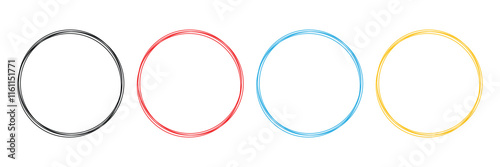Hand drawn circle line sketch set. Black, red blue, orange circles on white background