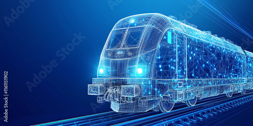 Glowing wireframe train speeds through a digital landscape of neon blue at twilight