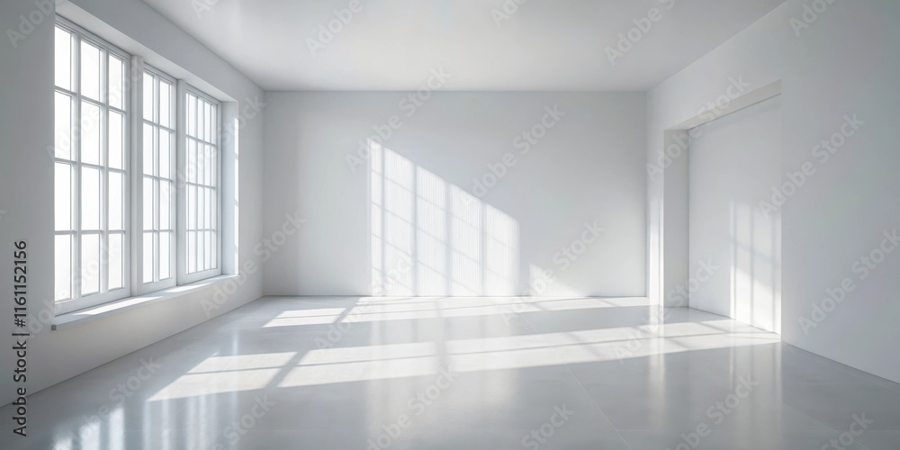 Fototapeta premium Sunlight streams through a large window casting delicate shadows on the pristine white floor of an empty room.