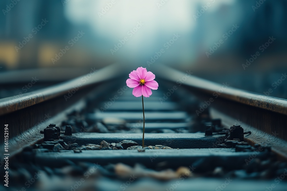 A single pink flower blooms bravely between train tracks, a testament to resilience amidst harsh surroundings. A single pink flower blooms bravely between train tracks, a testament to resilience amidst harsh surroundings.