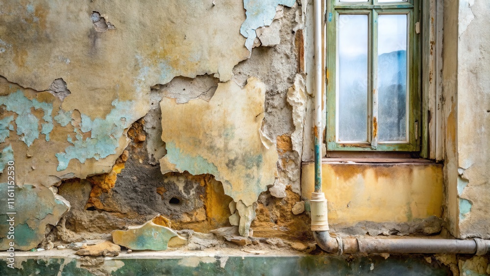 A weathered wall with peeling paint and a window with a rusty frame reveals the passage of time and the enduring presence of nature's forces A weathered wall with peeling paint and a window with a rusty frame reveals the passage of time and the enduring presence of nature's forces