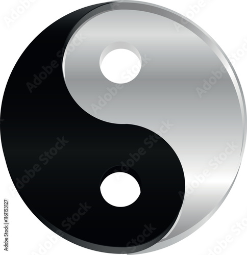 Silver metallic Yin Yang symbol isolated. Elegant decorative emblem. Illustration, vector
