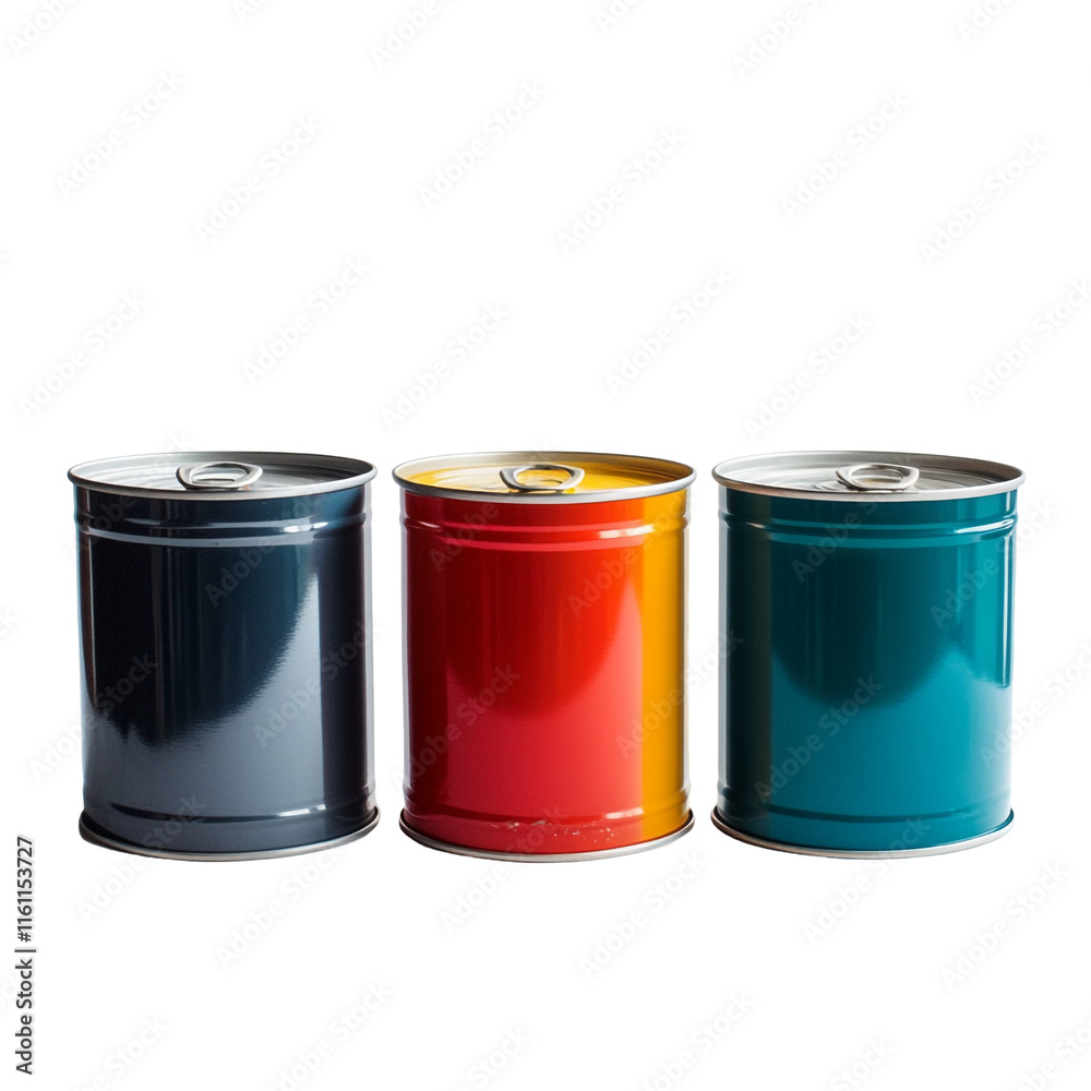 Three Colorful Metal Cans in a Row Three Colorful Metal Cans in a Row