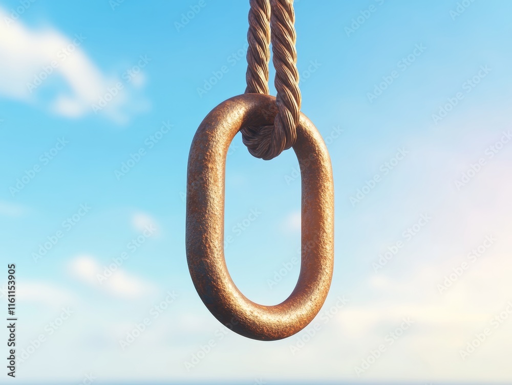 Rusty Metal Ring Hanging from Rope Against Blue Sky Rusty Metal Ring Hanging from Rope Against Blue Sky