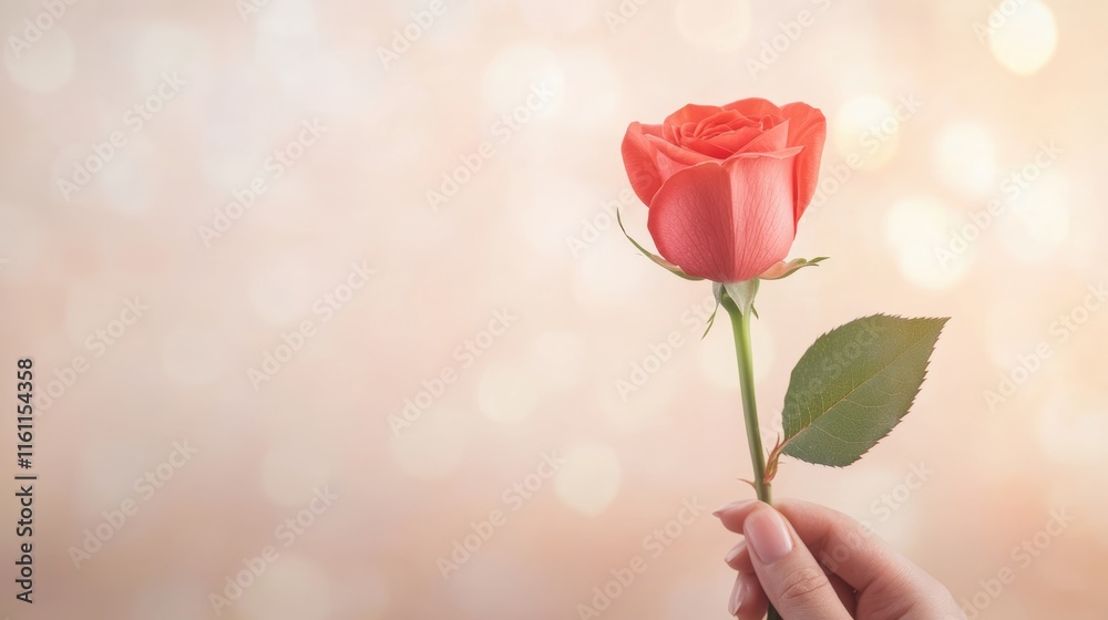 Obraz premium Single Coral Rose Held in Hand Against Soft Bokeh Background