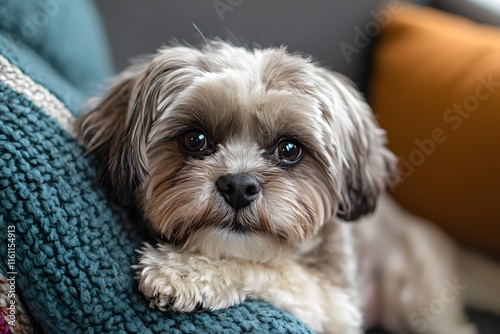 Adorable Shih Tzu Puppy Relaxing on a Cozy Blanket photo