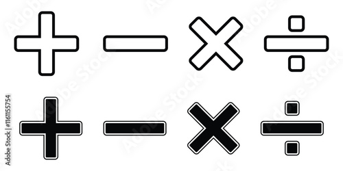 Plus minus multiply divide icon set on white background. Math symbol. Add sign. Calculator button symbol. vector illustration.