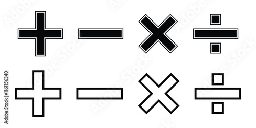 Plus minus multiply divide icon set on white background. Math symbol. Add sign. Calculator button symbol. vector illustration.