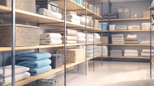 This image showcases a modern storage room featuring beautifully organized wooden shelves with towels and baskets that highlight simplicity and functionality in home decor.