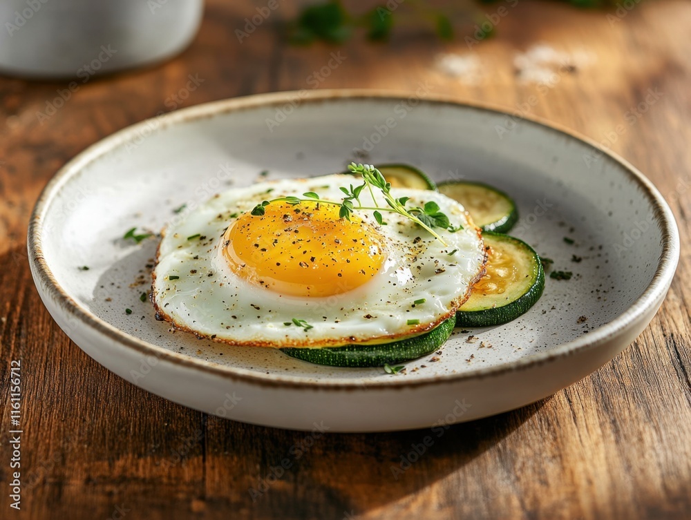 Delicious fried egg with sautéed zucchini slices on a white plate, garnished with fresh herbs, placed on a rustic wooden table with soft morning light, perfect for food-themed stock photography, Gener Delicious fried egg with sautéed zucchini slices on a white plate, garnished with fresh herbs, placed on a rustic wooden table with soft morning light, perfect for food-themed stock photography, Gener