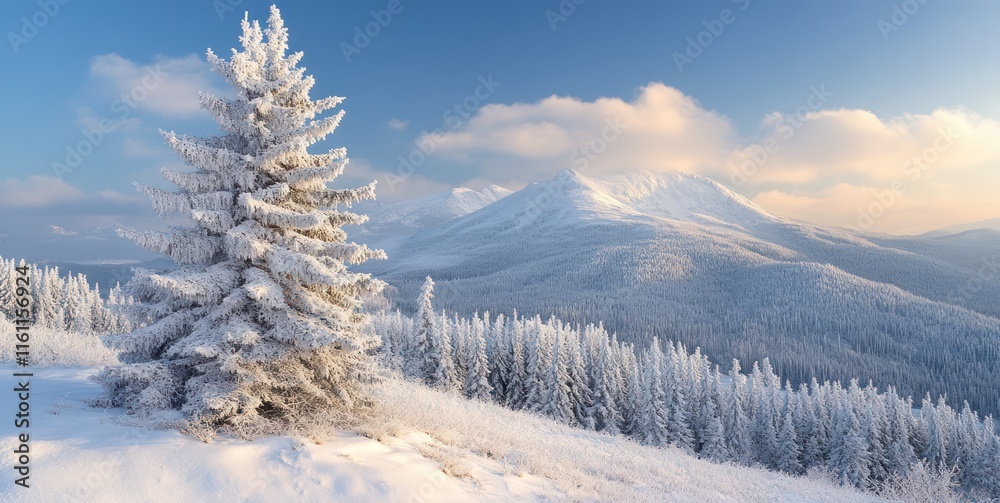 Snowy mountain landscape with a frost-covered pine tree in the foreground. Snowy mountain landscape with a frost-covered pine tree in the foreground.