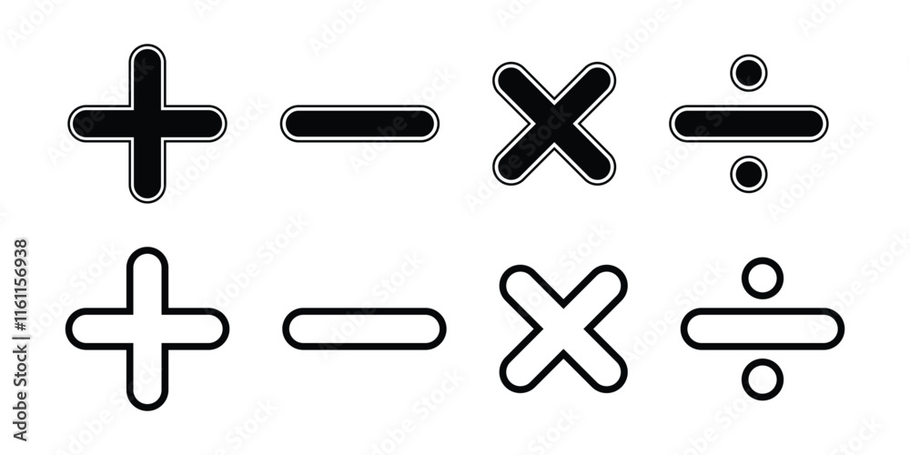 Obraz premium Plus minus multiply divide icon vector set isolated on white background.