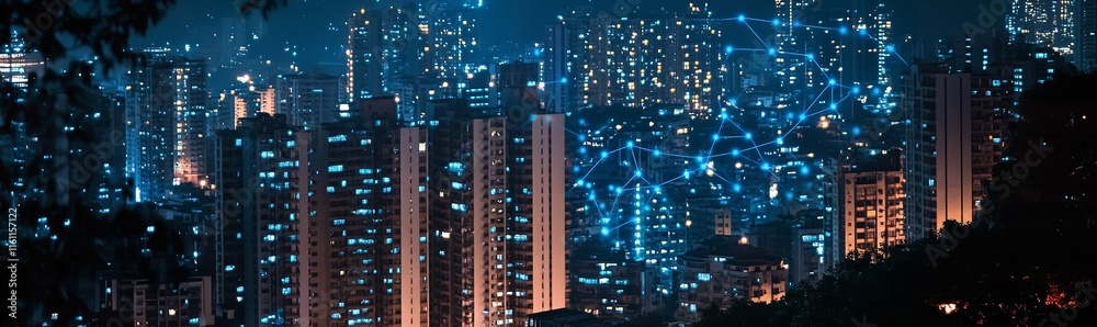 A City Skyline at Night with Glowing Blue Network Connections