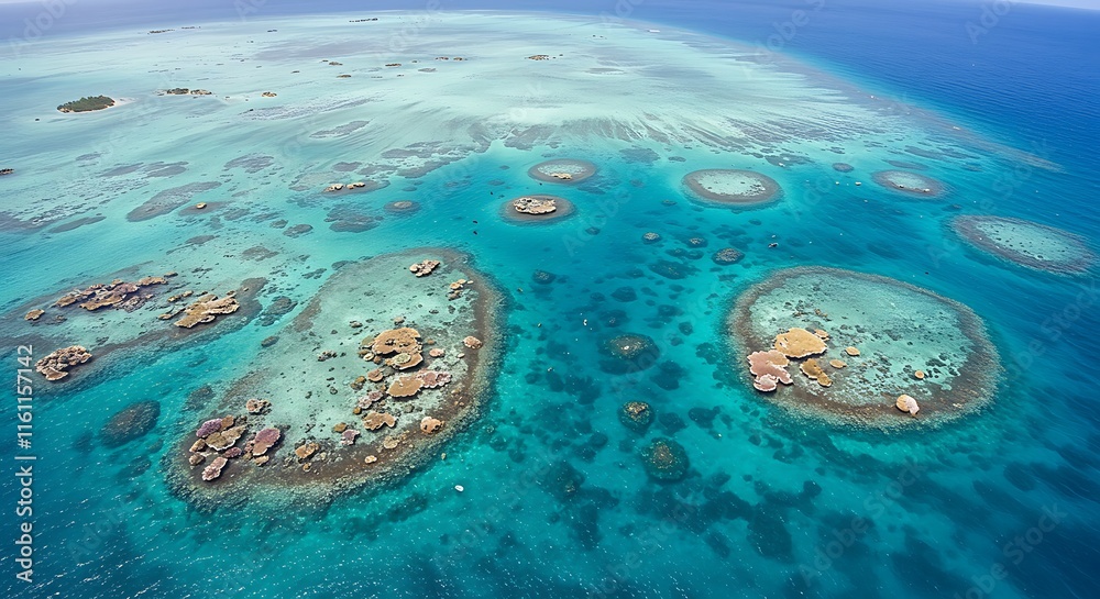 Obraz premium Aerial view of vibrant coral reefs in crystal clear turquoise ocean water, concept for environmental conservation, travel destination and marine ecosystem
