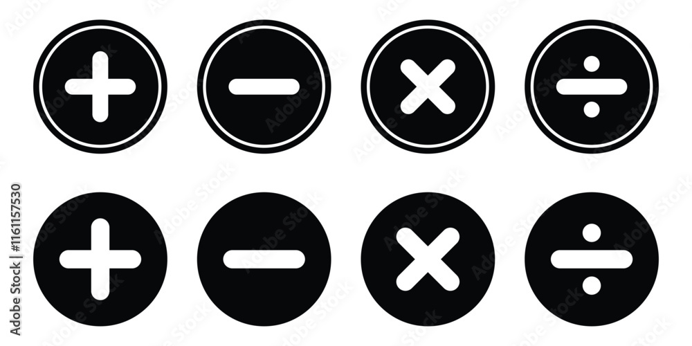Basic mathematical symbol. Plus, minus, multiply, divide icon set. Plus and minus icon set. Math symbol. Plus icon, Minus icon, Multiply icon, Divide icon.