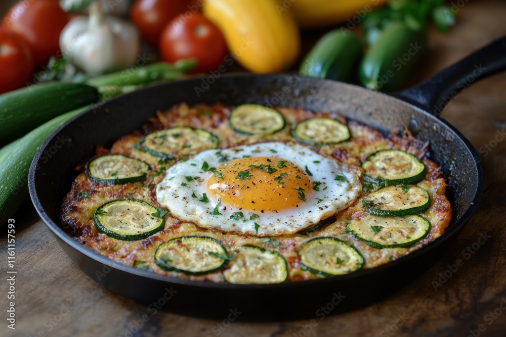 Delicious fried egg with sautéed zucchini slices on a white plate, garnished with fresh herbs, placed on a rustic wooden table with soft morning light, perfect for food-themed stock photography, Gener Delicious fried egg with sautéed zucchini slices on a white plate, garnished with fresh herbs, placed on a rustic wooden table with soft morning light, perfect for food-themed stock photography, Gener