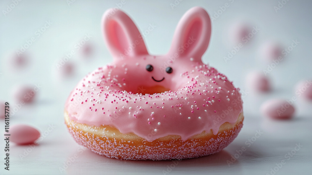 Pink donut and bunny ears. Easter bunny and pink donut. The concept of Easter. Pink donut and bunny ears. Easter bunny and pink donut. The concept of Easter.