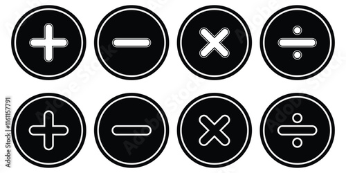 Isolate black math icon set, Plus, Minus, Multiply, Divide icons symbol.