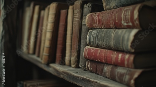 Wallpaper Mural A detailed shot of old books stacked on a rustic wooden shelf in a dimly lit room. Torontodigital.ca