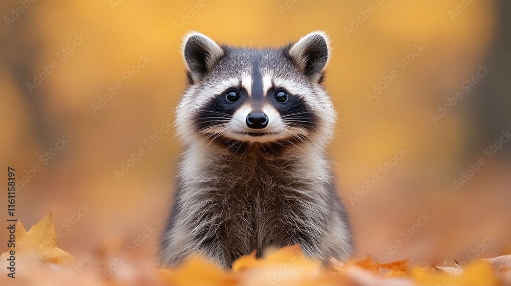 Fototapeta premium Adorable Baby Raccoon In Autumn Leaves