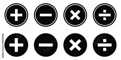 Isolate black math icon set, Plus, Minus, Multiply, Divide icons symbol.