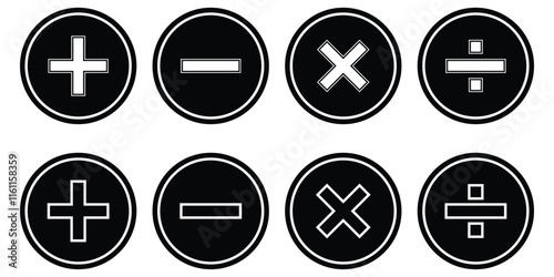 Isolate black math icon set, Plus, Minus, Multiply, Divide icons symbol.