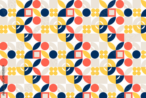  vibrant and playful retro-style seamless pattern, featuring geometric shapes like dots and semi-circles in a bold color palette of blue, yellow, and red for a cheerful background.
