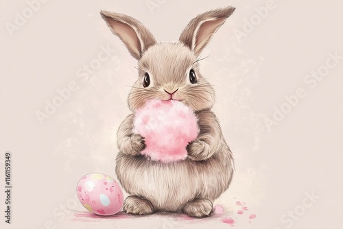 A cute brown bunny holding pink cotton candy in its paws, with an easter egg on its side