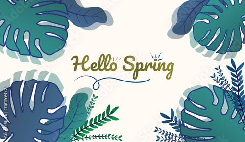 Hello Spring hand drawn illustration. Season lettering for greeting card, poster, banner, invitation, brochure, voucher discount. Spring background with colorful flower and leaf. Spring time.