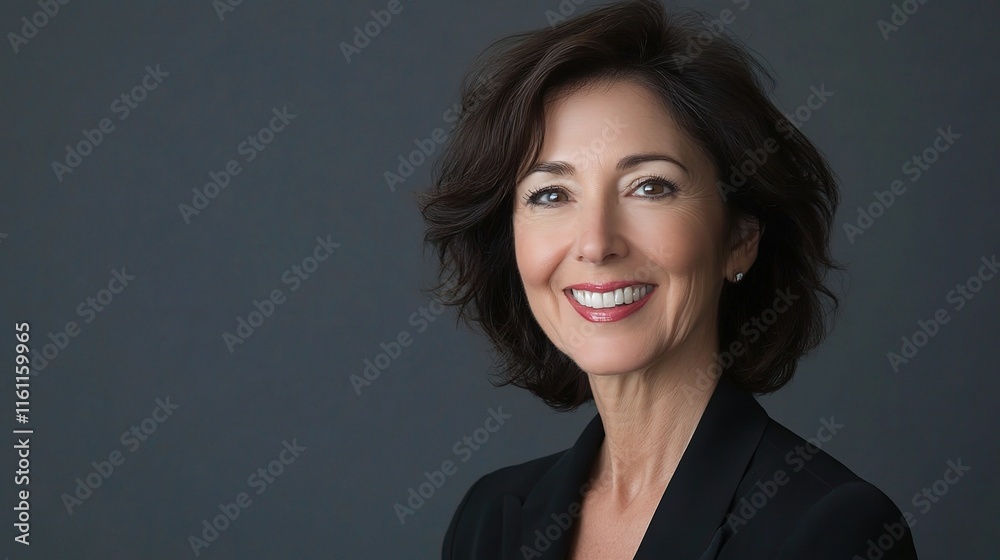 Smiling Businesswoman Posing Warmly Against Sleek Gray Background Smiling Businesswoman Posing Warmly Against Sleek Gray Background