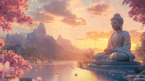 budha statue tranquil peaceful meditation beautiful scenery background