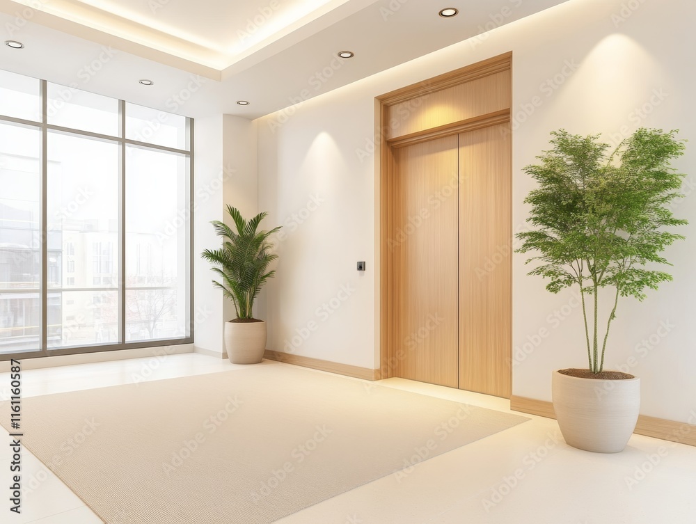 Fototapeta premium Modern Lobby Interior with Elevator and Plants