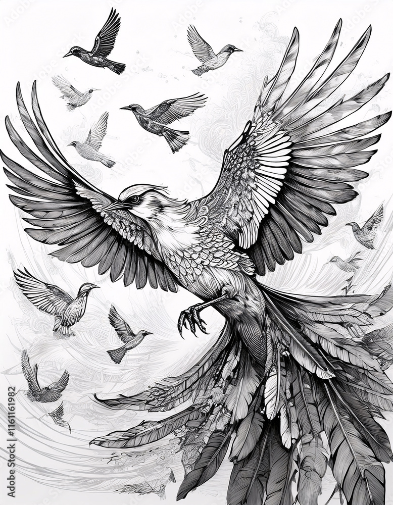 Fototapeta premium Intricate black and white drawing of a phoenix in flight surrounded by smaller birds. Generative AI