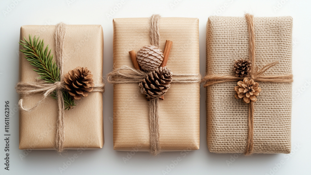 Beautifully wrapped Christmas gifts with natural decorations, including pinecones and cinnamon sticks, create warm holiday atmosphere. Perfect for festive celebrations Beautifully wrapped Christmas gifts with natural decorations, including pinecones and cinnamon sticks, create warm holiday atmosphere. Perfect for festive celebrations