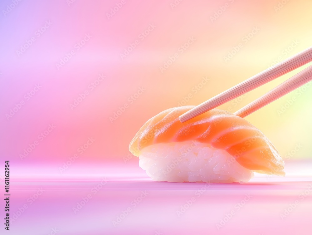 Salmon Nigiri Sushi with Chopsticks on Pastel Background Salmon Nigiri Sushi with Chopsticks on Pastel Background