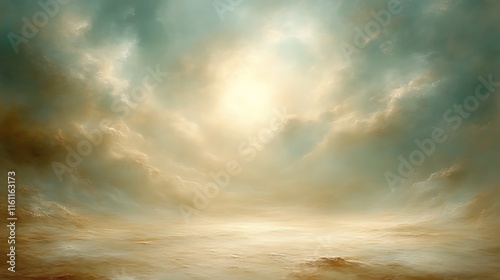 Serene Landscape with Golden Hues and Heavenly Clouds