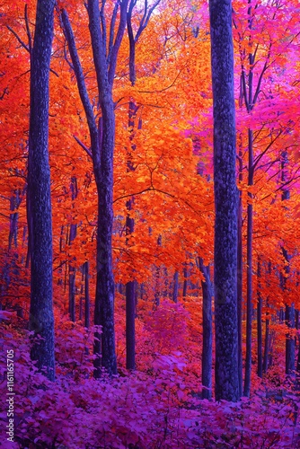 A magical forest with trees whose leaves glow in shades of bright orange and magenta. photo