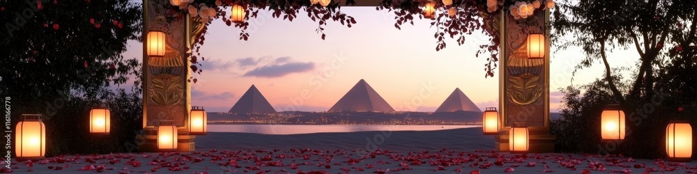 Romantic Sunset View of Iconic Egyptian Pyramids Through Lantern-Lit Arch with Flowers and Trees in Tranquil Scenic Setting Perfect for Outdoor Celebrations Romantic Sunset View of Iconic Egyptian Pyramids Through Lantern-Lit Arch with Flowers and Trees in Tranquil Scenic Setting Perfect for Outdoor Celebrations
