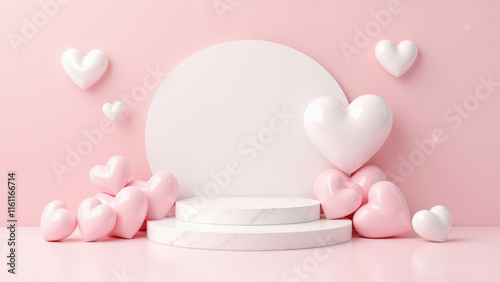 Pink and White Heart Shaped Decorations on White Podium for a Soft and Elegant Presentation