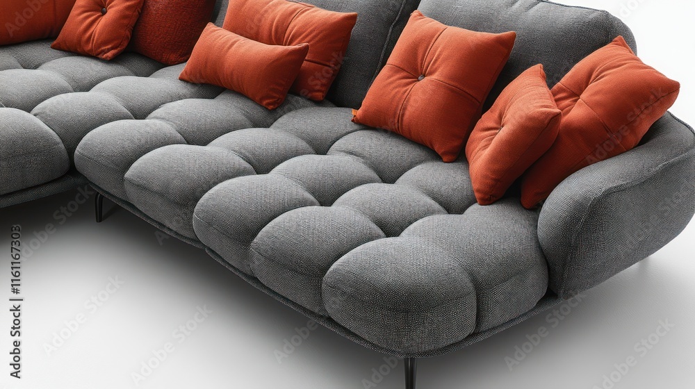 Fototapeta premium A modern gray sofa with plush cushions, designed for comfort and contemporary living spaces.