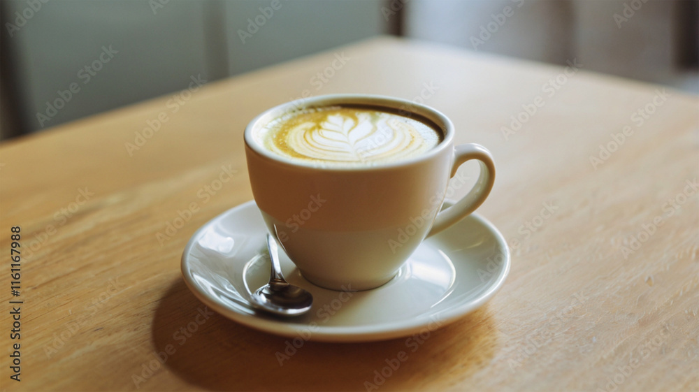 Coffee cups on a table with cappuccino and espresso in a cozy cafe setting, latte art