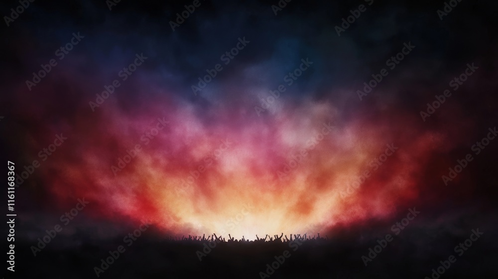 Fototapeta premium Crowd at Night Music Festival with Band and Fireworks