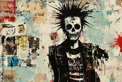 Abstract Punk Skeleton and Anthropomorphic Characters with Spiked Hairstyles on Vibrant Red Backgrounds photo