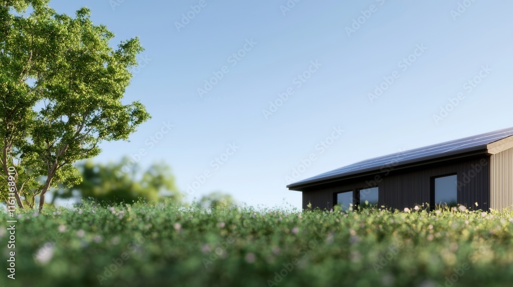 Sustainable Architecture with Solar Panels and Green Garden Sustainable Architecture with Solar Panels and Green Garden